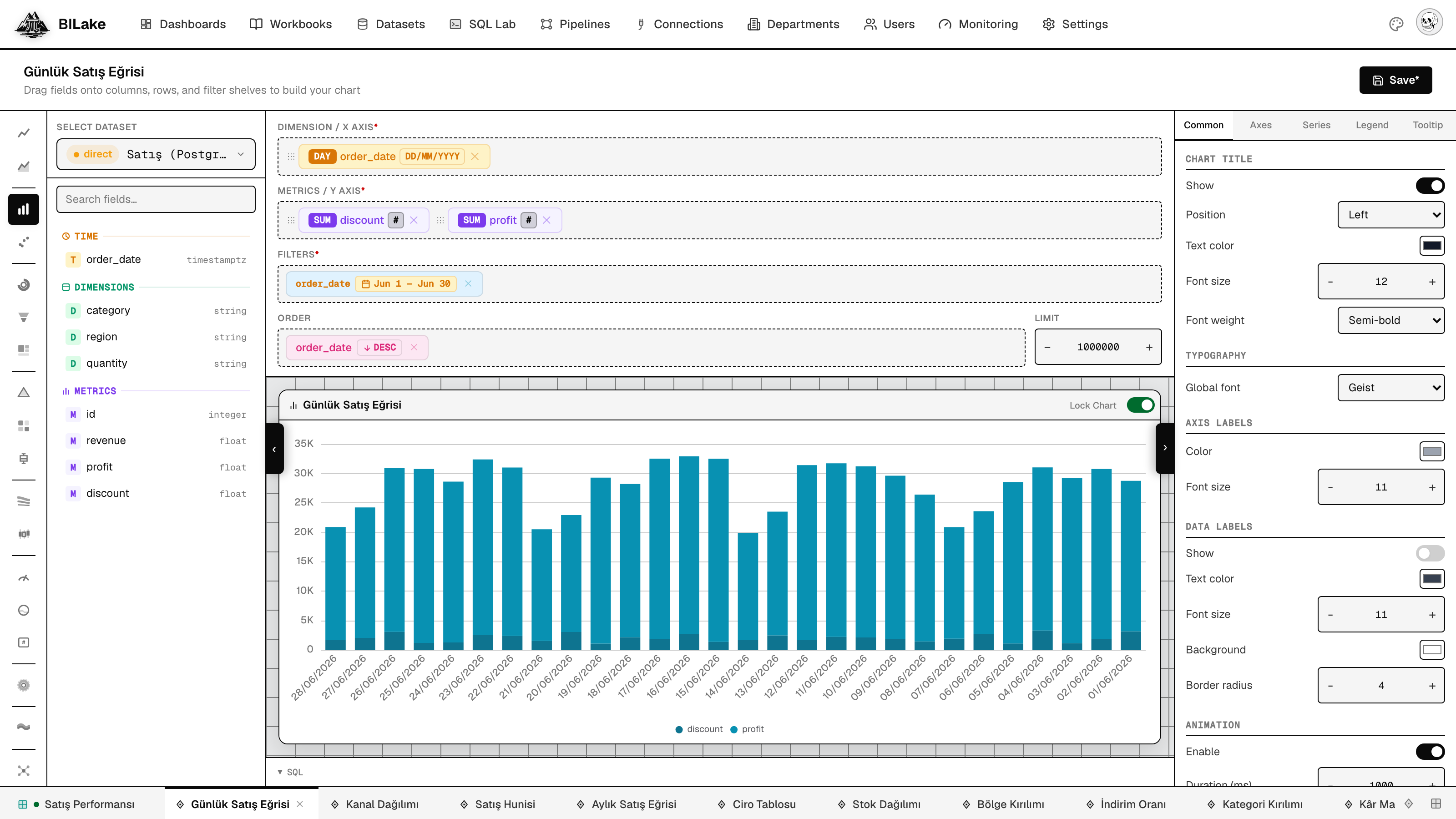 BILake workbook: live chart building with dimension, metric, and filter shelves
